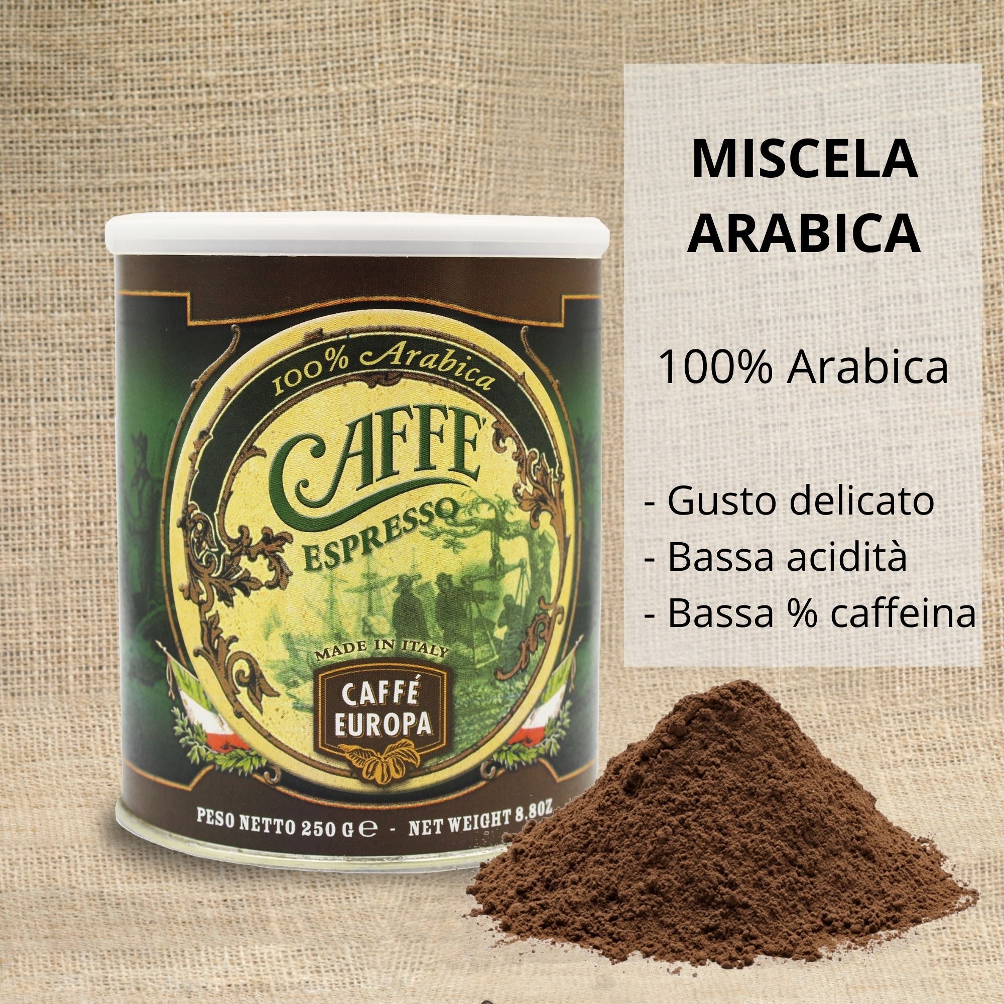 Caffè Europa - 250g Lattina Salva Aroma Caffè Macinato per Espresso 100%  Arabica